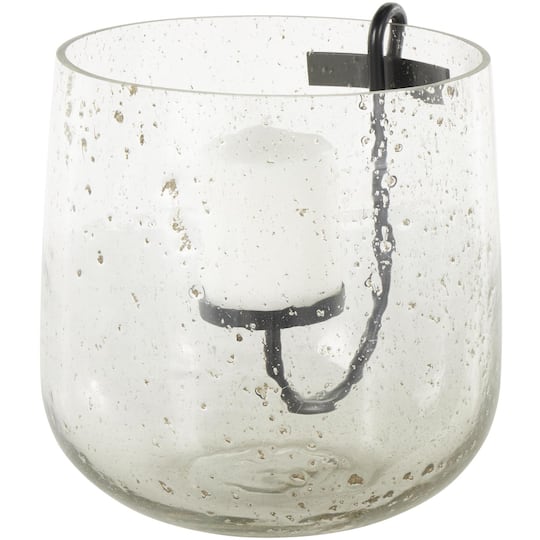 10.25" Clear Glass Candle Holder with Black Metal Accents and Brown Speckles